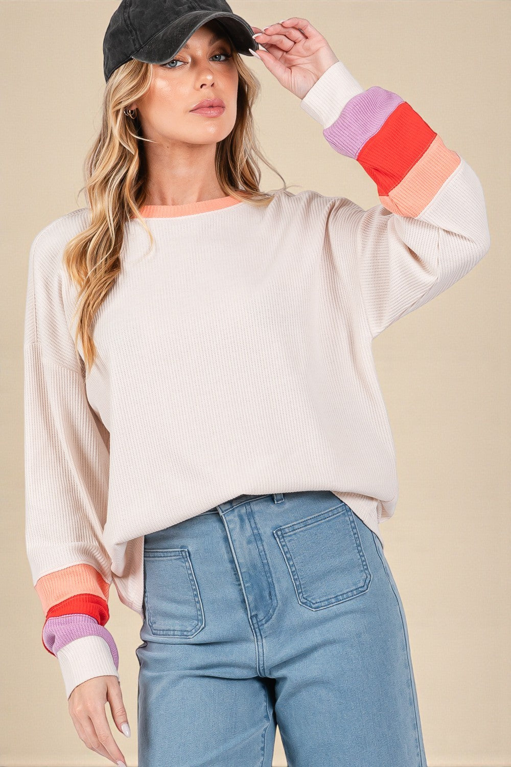 Soft Oatmeal Ribbed Colorblock Sleeve Top