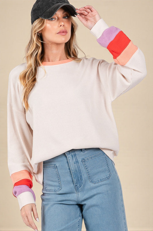 Soft Oatmeal Ribbed Colorblock Sleeve Top