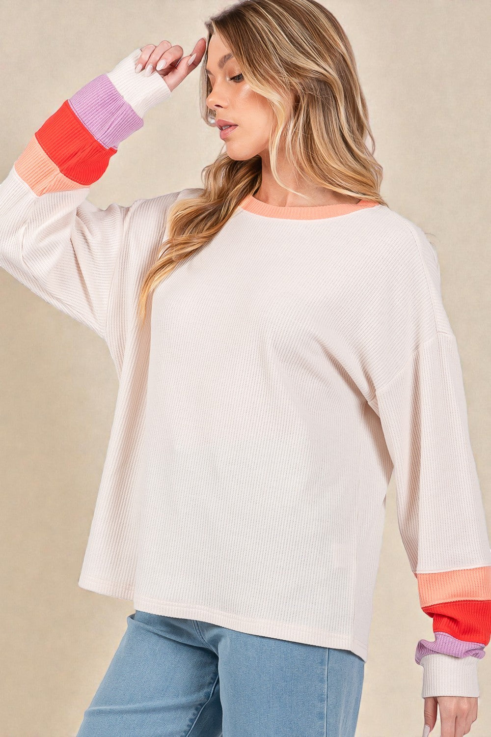 Soft Oatmeal Ribbed Colorblock Sleeve Top