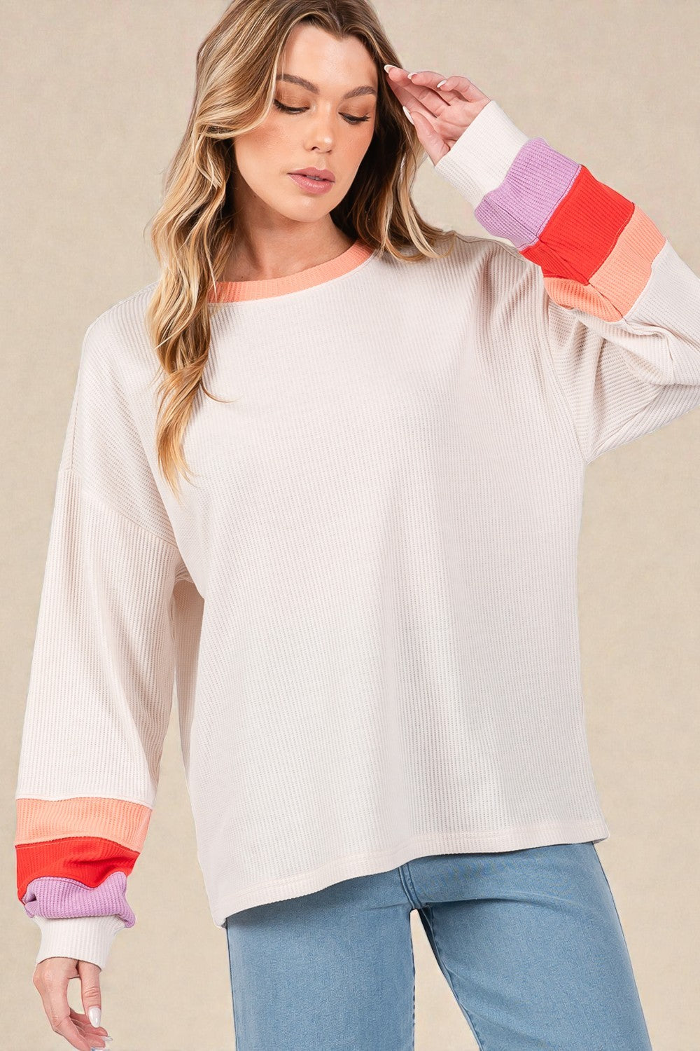 Soft Oatmeal Ribbed Colorblock Sleeve Top