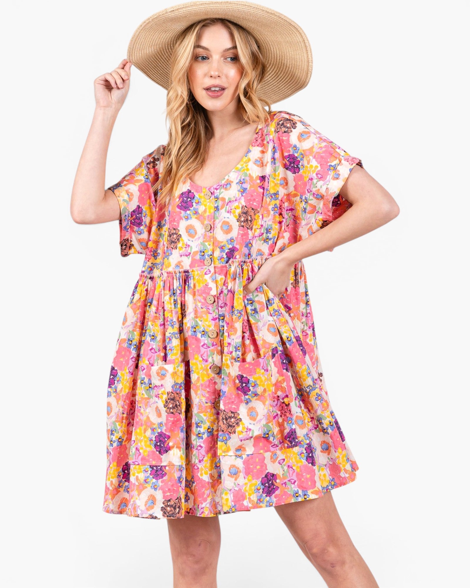 Vestido mini babydoll con estampado floral y bolsillos