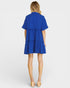 Blue dress worn by a model on a white background