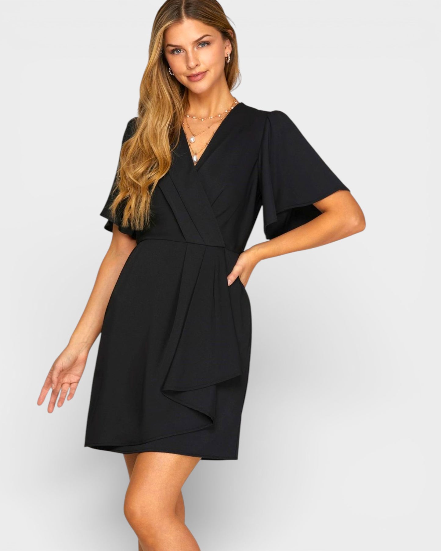 Black Flutter Sleeve Wrap Mini Dress