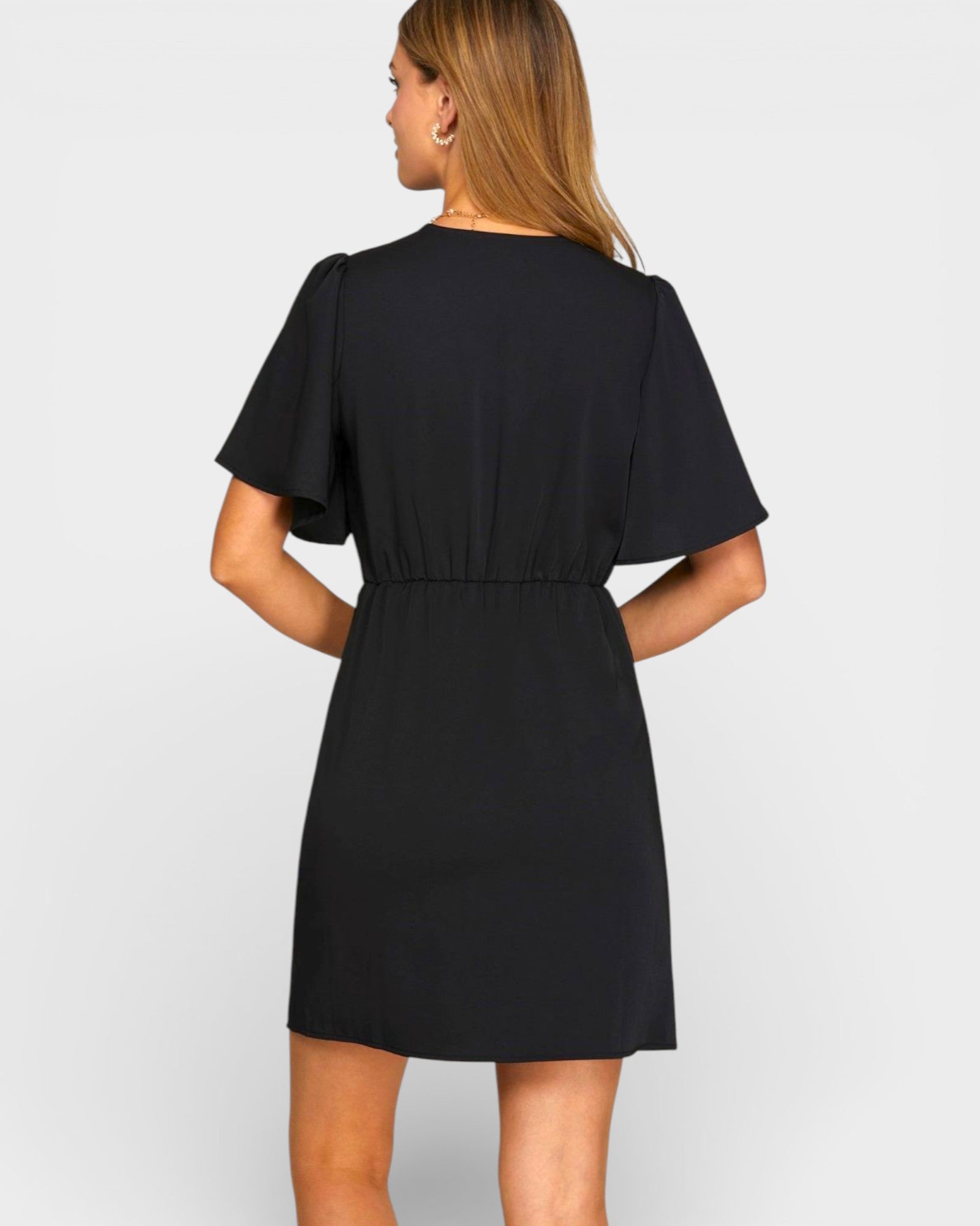 Black Flutter Sleeve Wrap Mini Dress