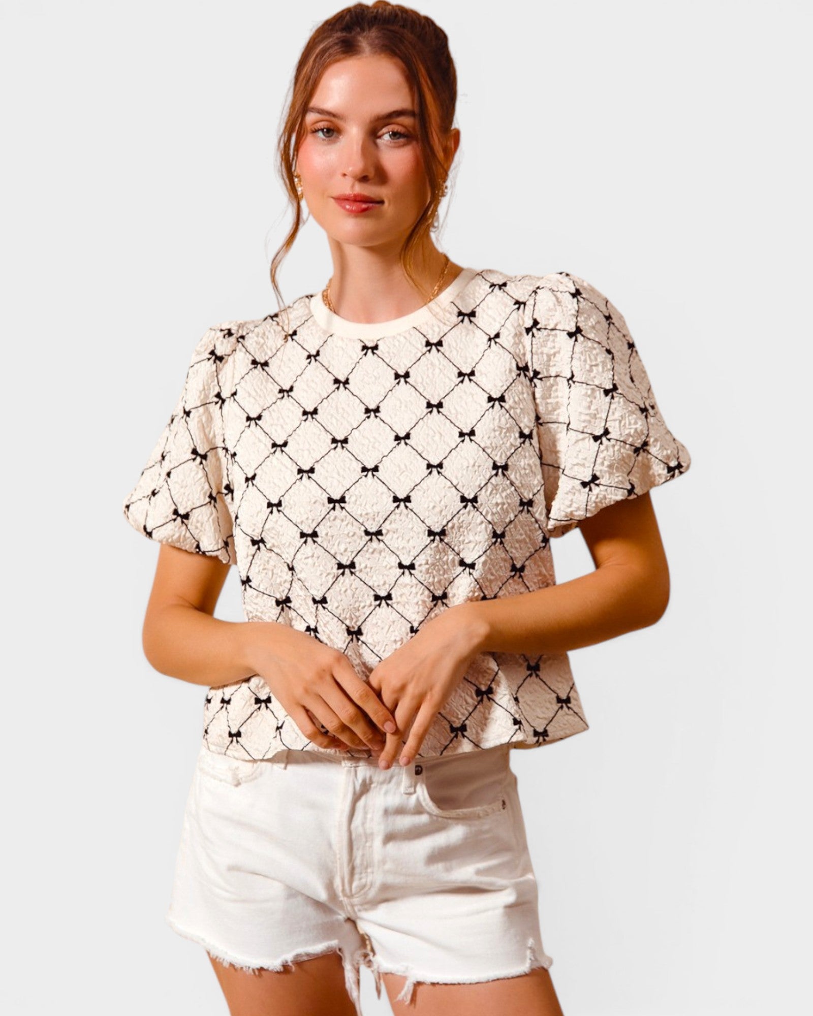 Ivory & Black Bow Textured Puff Sleeve Top