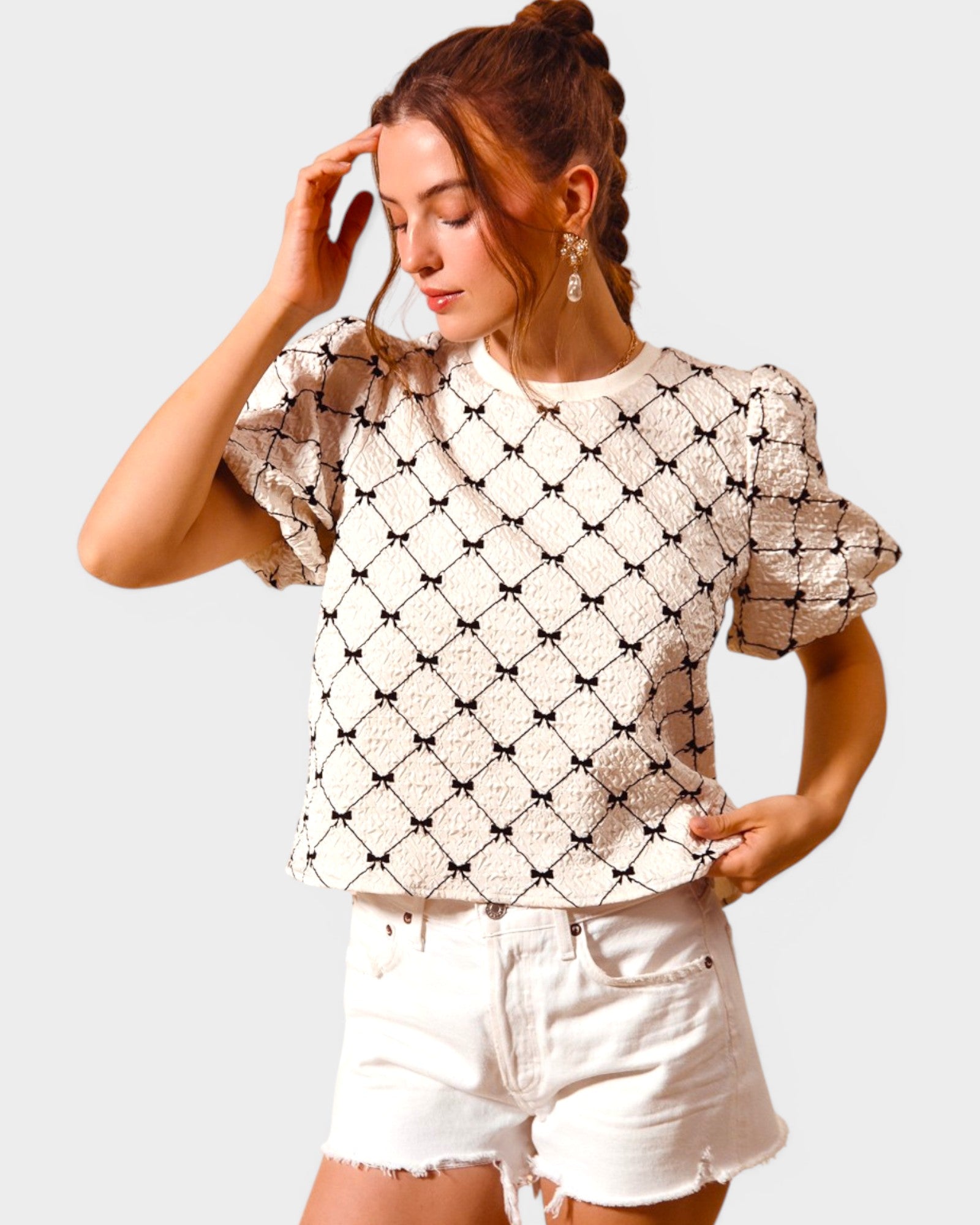 Ivory & Black Bow Textured Puff Sleeve Top
