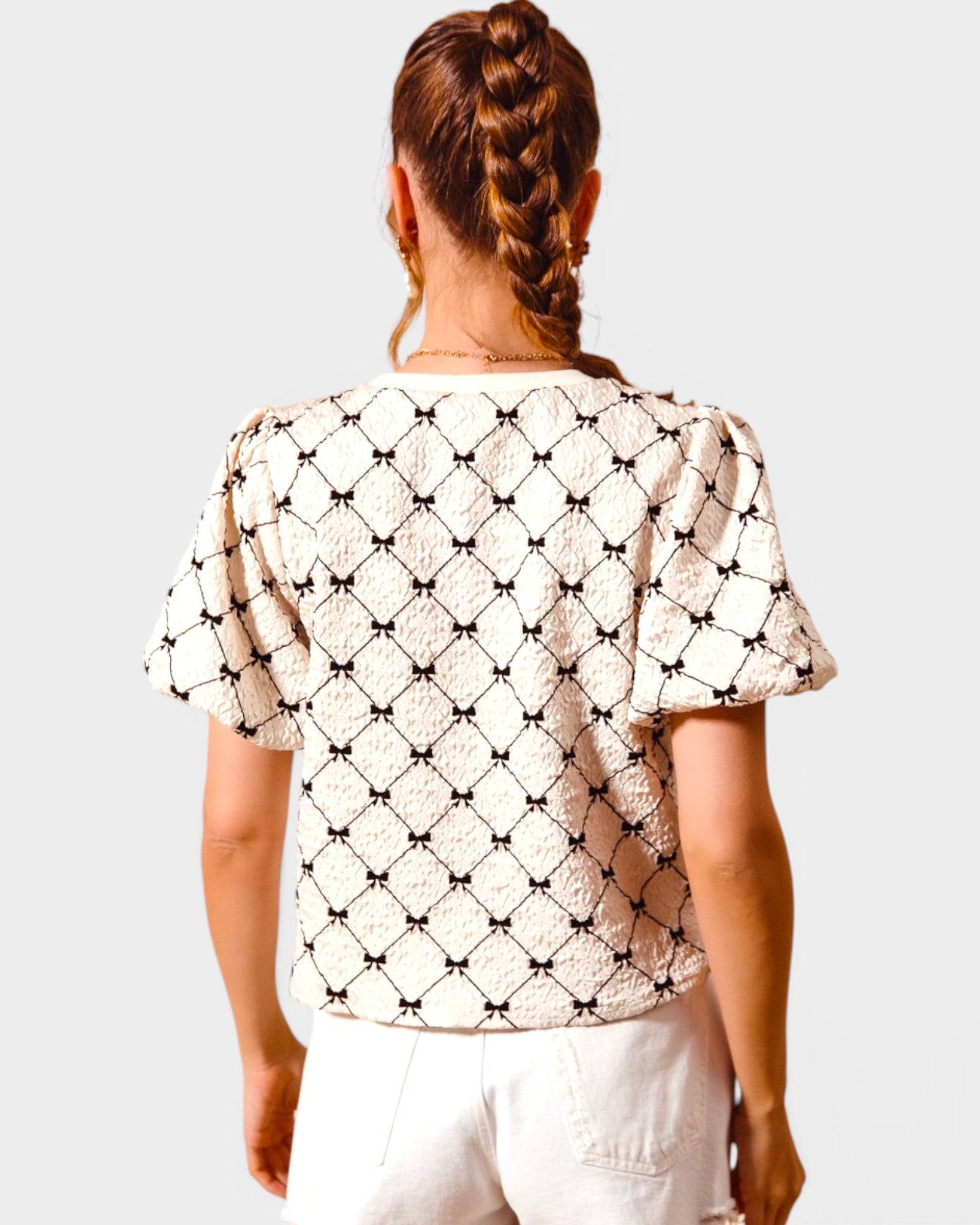 Ivory & Black Bow Textured Puff Sleeve Top