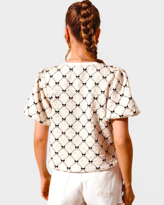 Ivory & Black Bow Textured Puff Sleeve Top