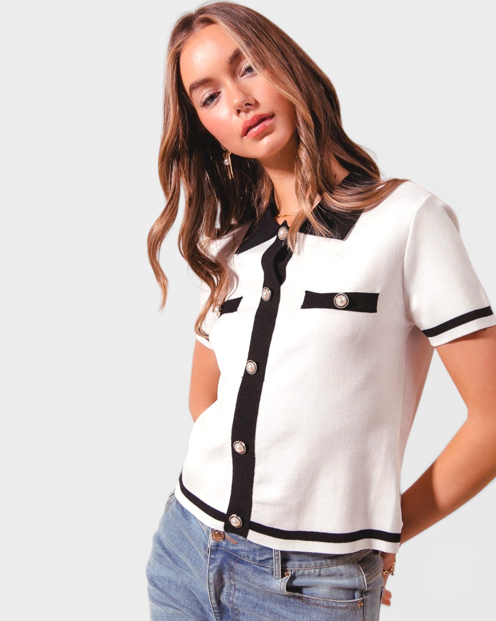 Ivory & Black Collared Sweater Top