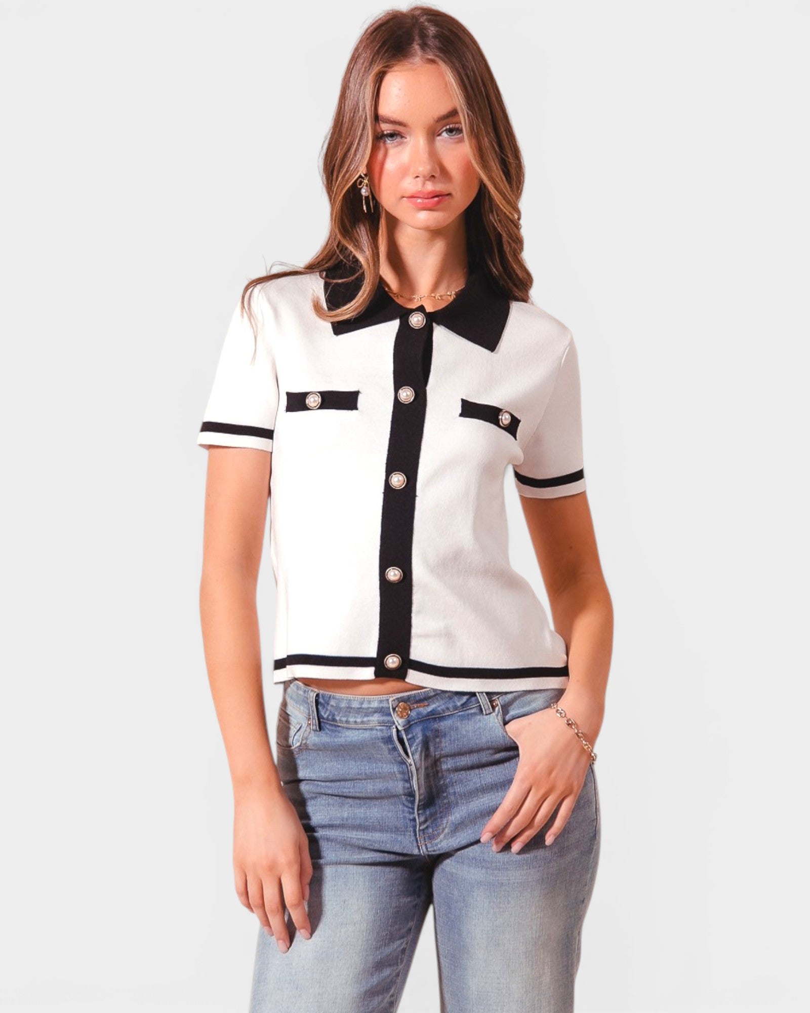 Ivory & Black Collared Sweater Top