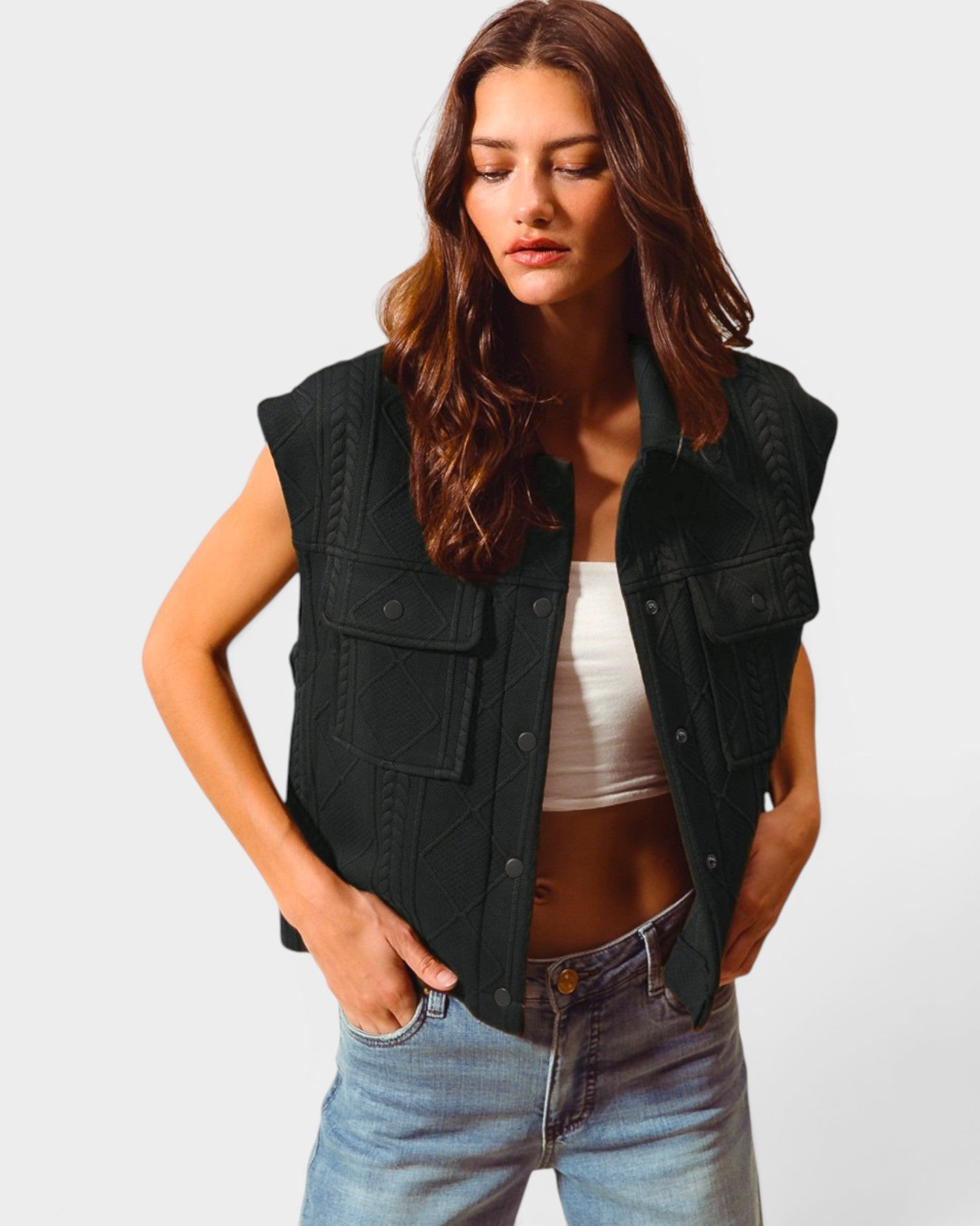 Black Textured Button Front Vest