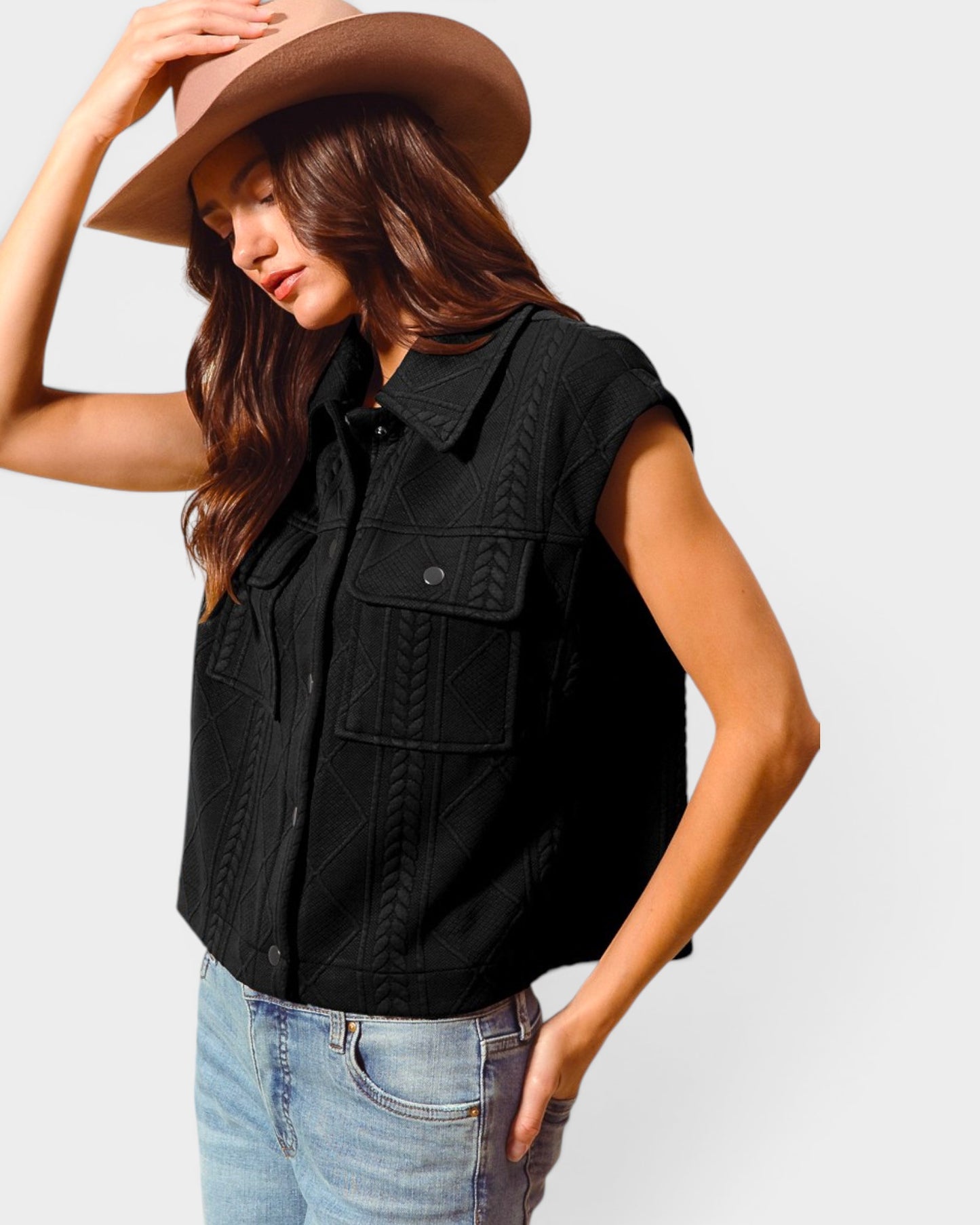 Black Textured Button Front Vest