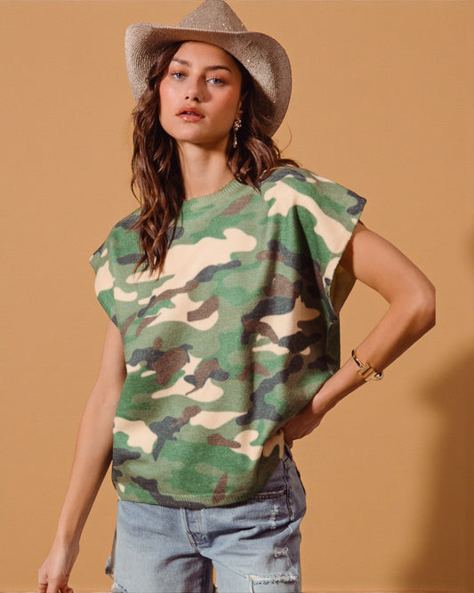Green Camo Short Sleeve Sweater