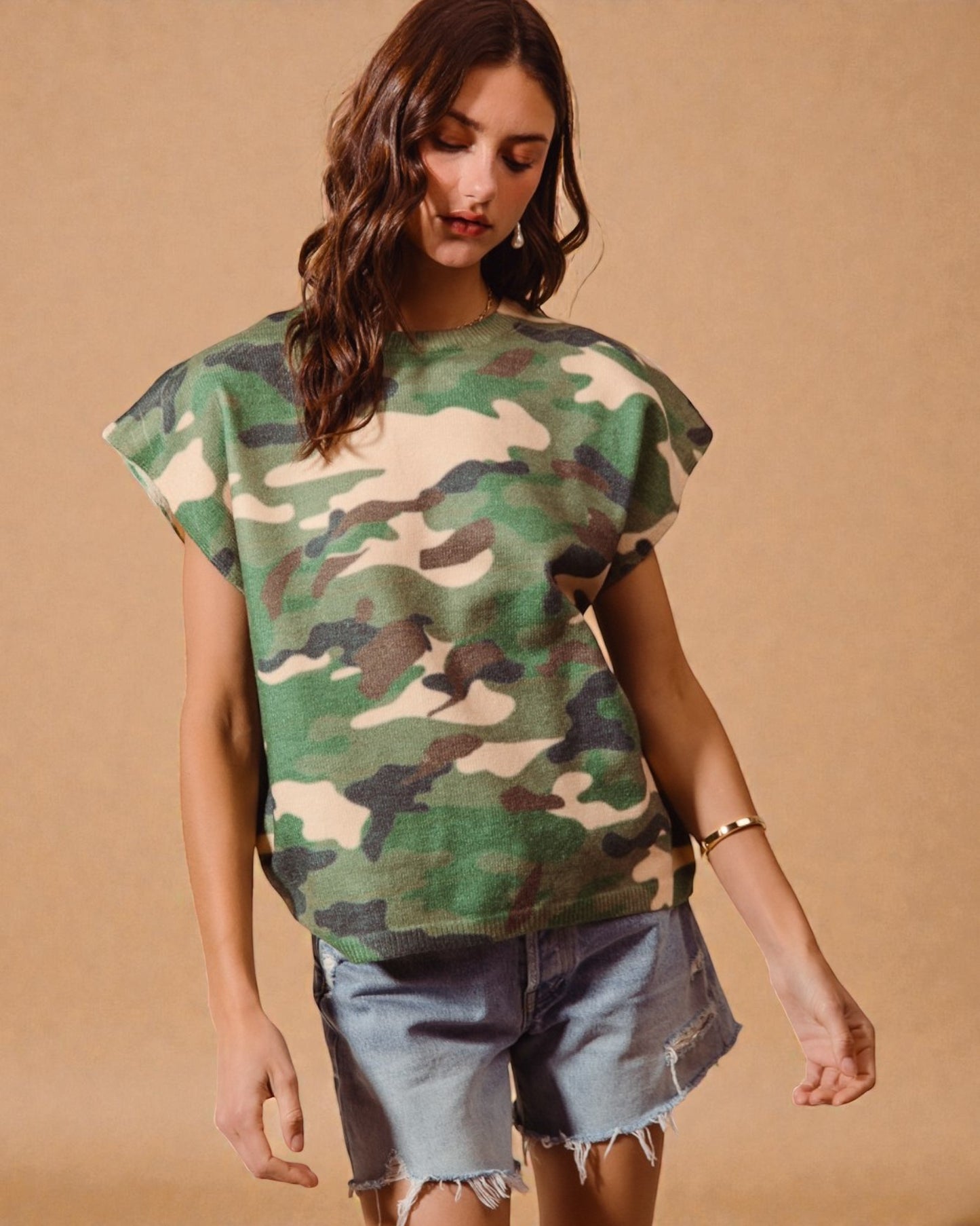 Green Camo Short Sleeve Sweater