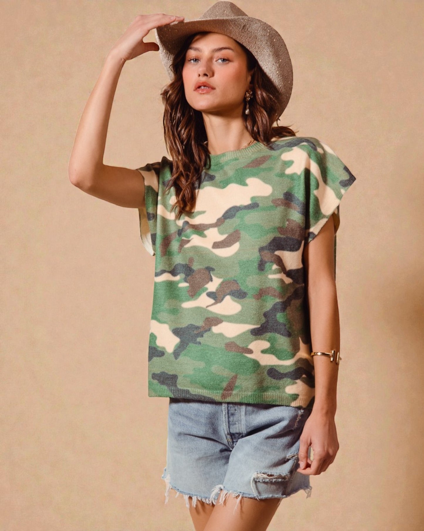 Green Camo Short Sleeve Sweater