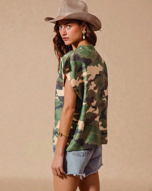 Green Camo Short Sleeve Sweater