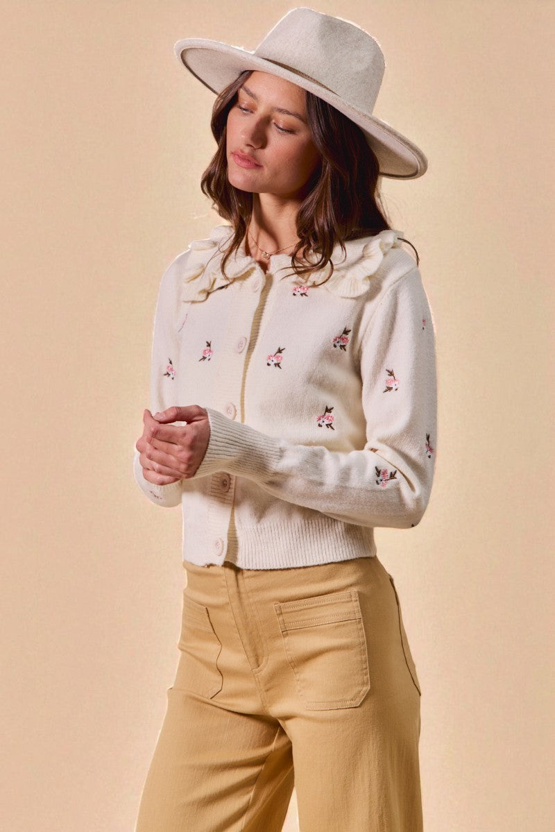 Woman wearing a floral embroidered cardigan and beige hat against a beige background