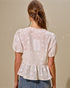 Woman wearing a white lace blouse with puffed sleeves against a beige background