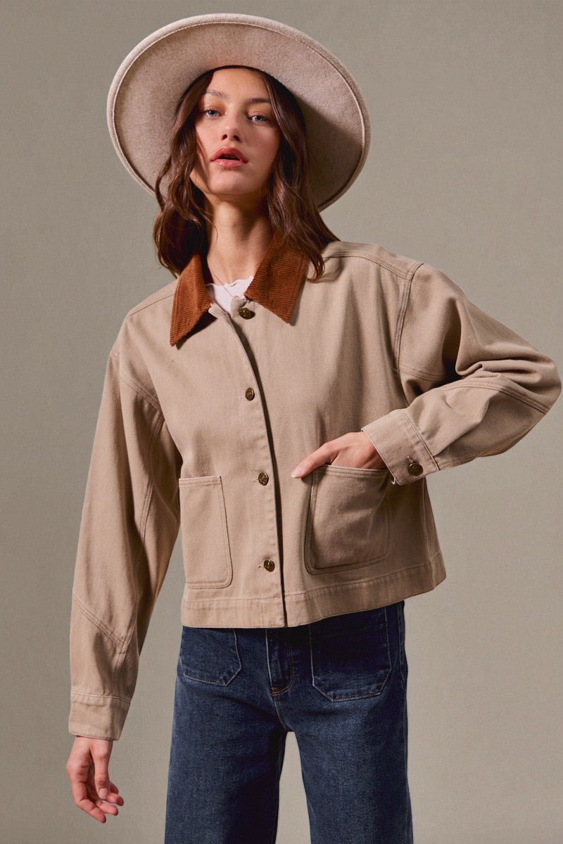 Sand Canvas Jacket with Corduroy Collar