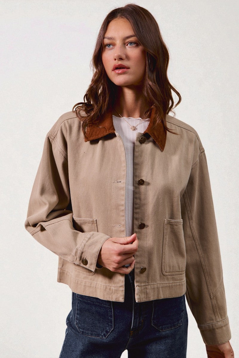 Sand Canvas Jacket with Corduroy Collar