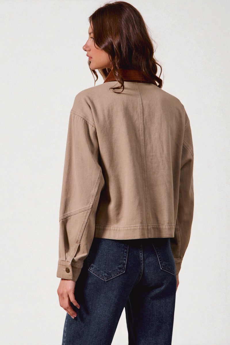 Sand Canvas Jacket with Corduroy Collar
