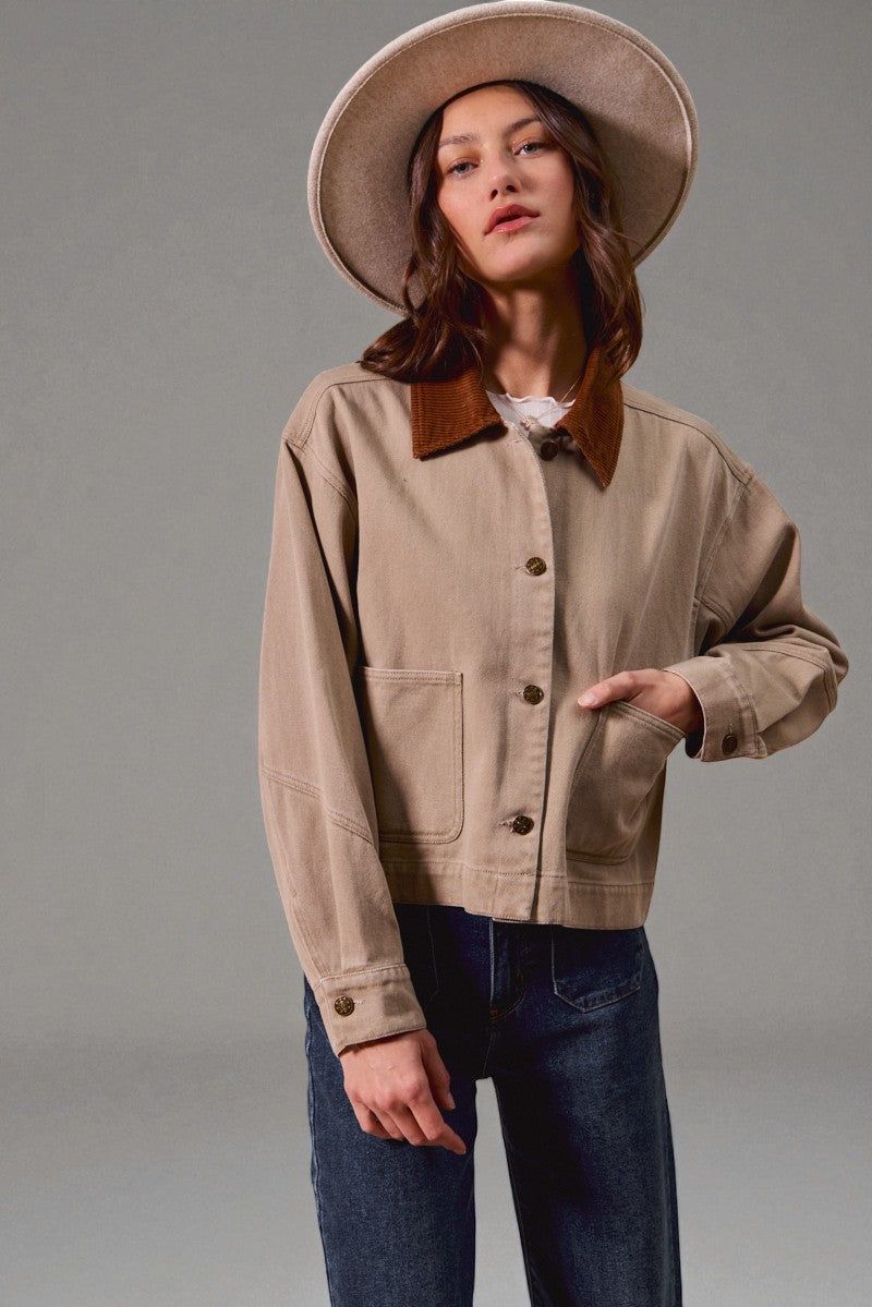 Sand Canvas Jacket with Corduroy Collar