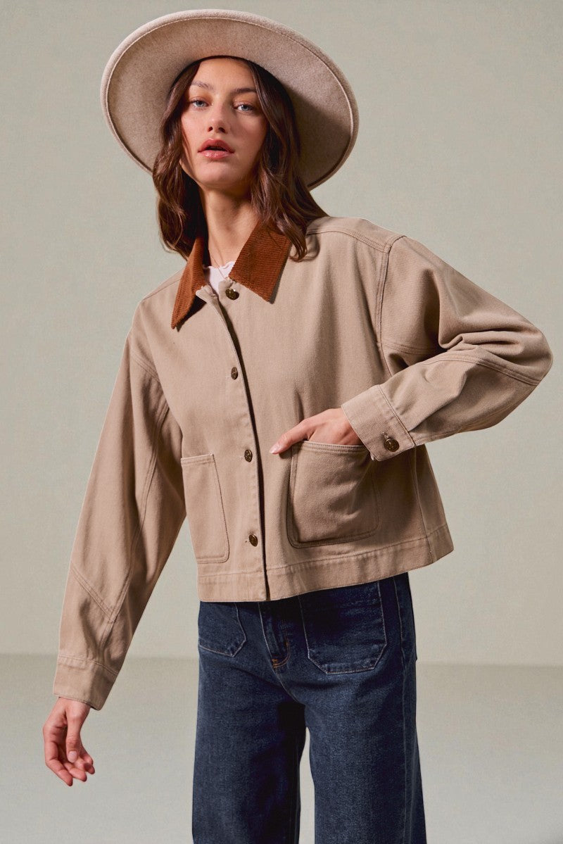 Sand Canvas Jacket with Corduroy Collar