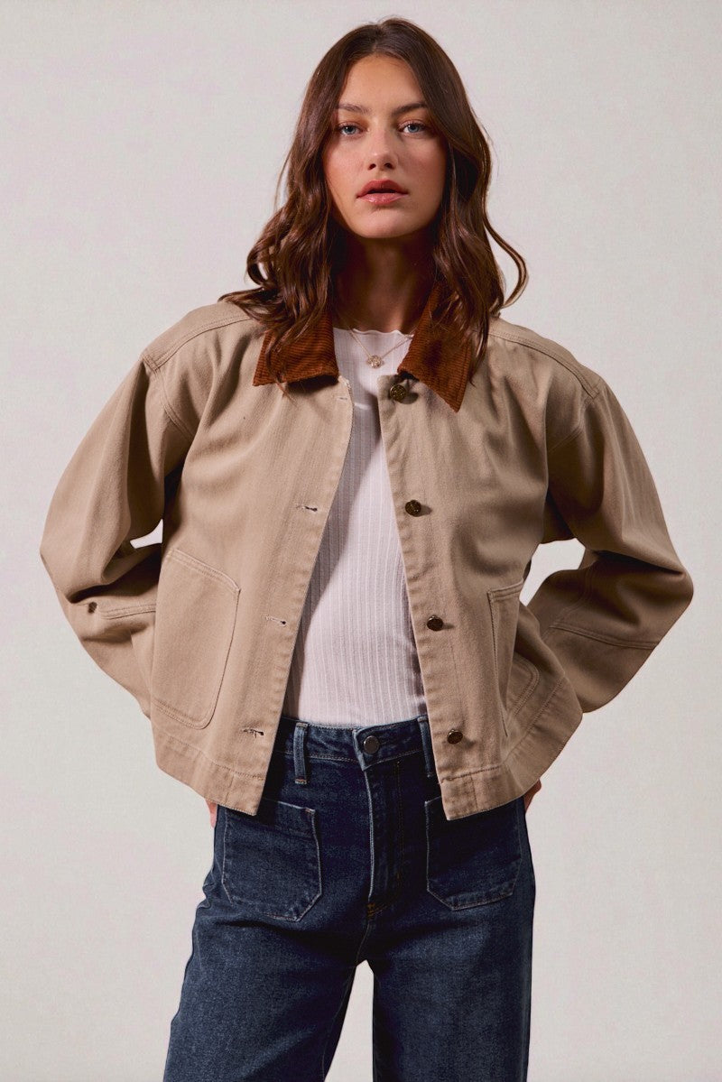 Sand Canvas Jacket with Corduroy Collar