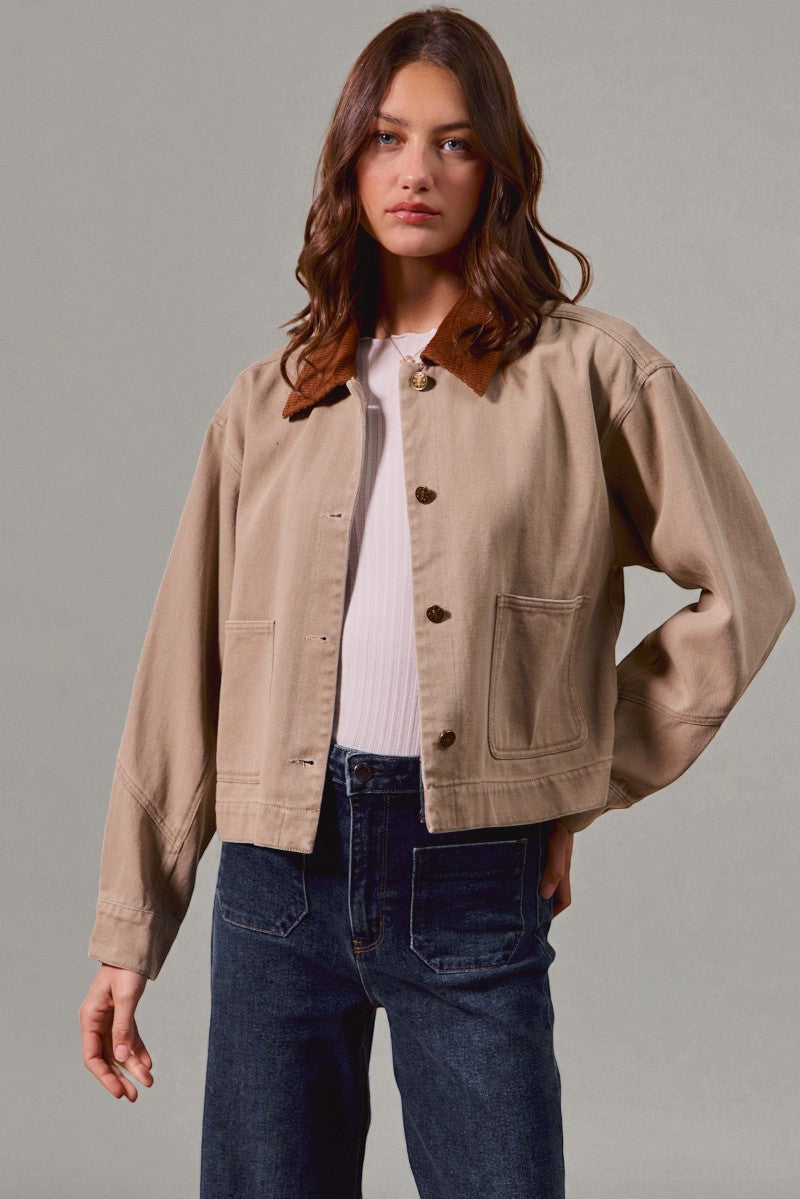 Sand Canvas Jacket with Corduroy Collar