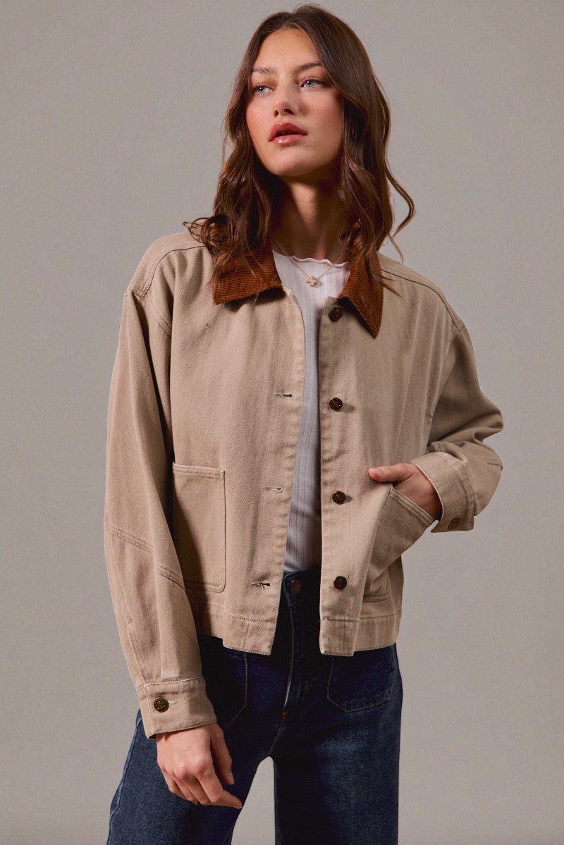Sand Canvas Jacket with Corduroy Collar