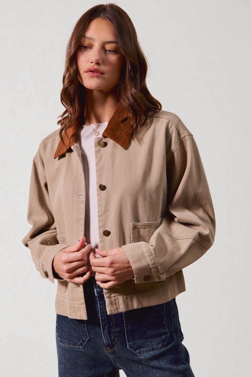 Sand Canvas Jacket with Corduroy Collar