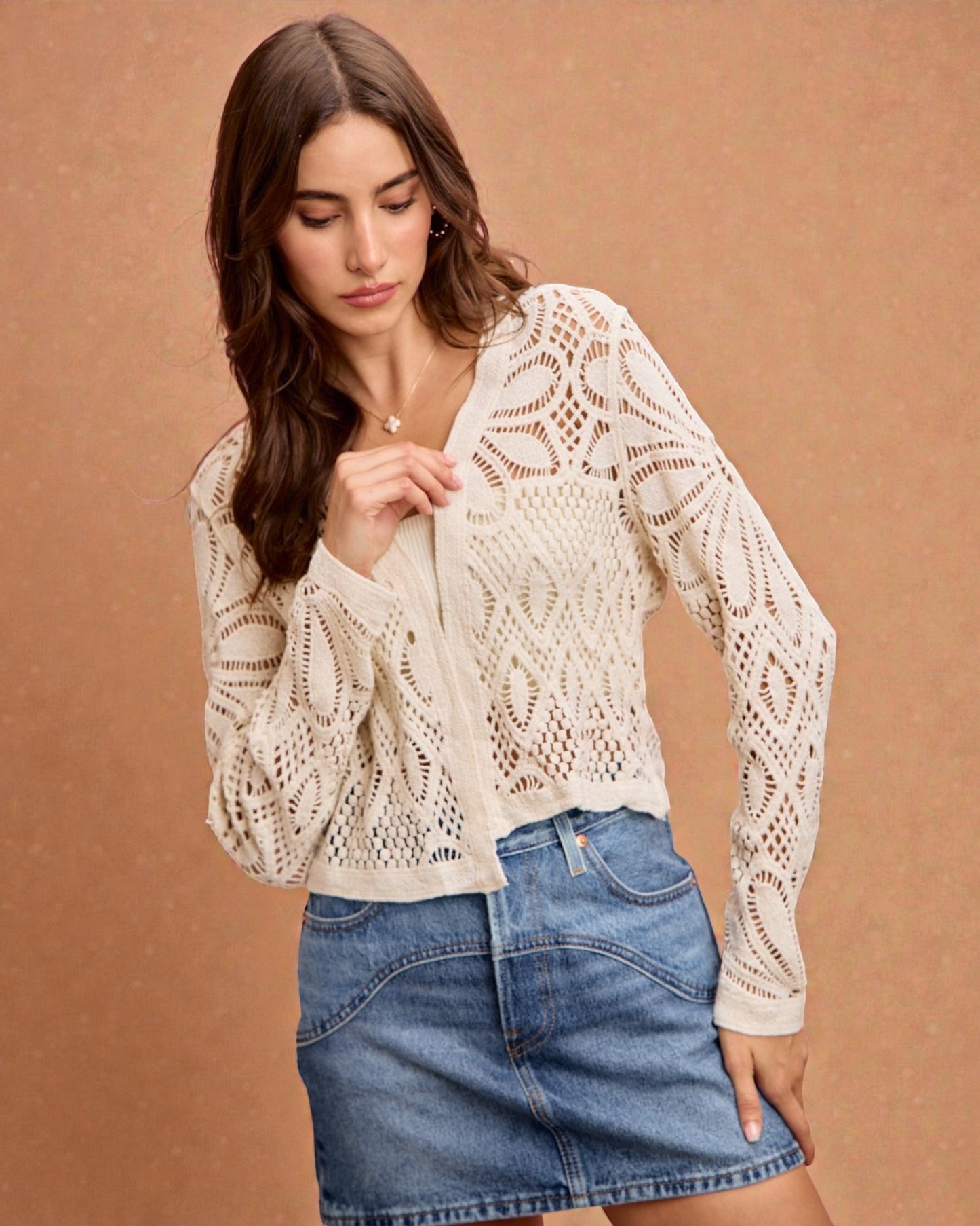 Ivory Crochet Open-Front Cardigan