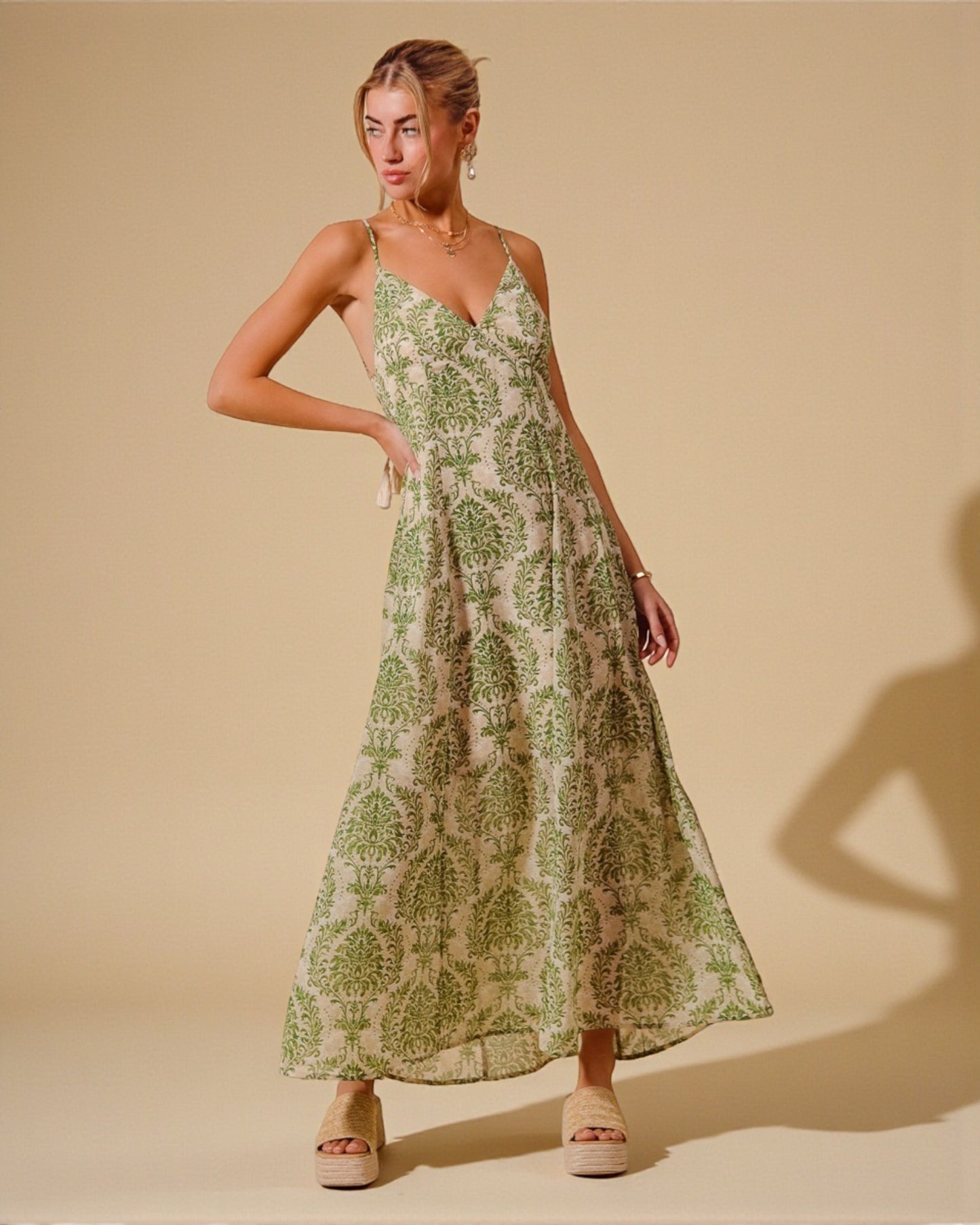 Olive & Ivory Damask Maxi Dress