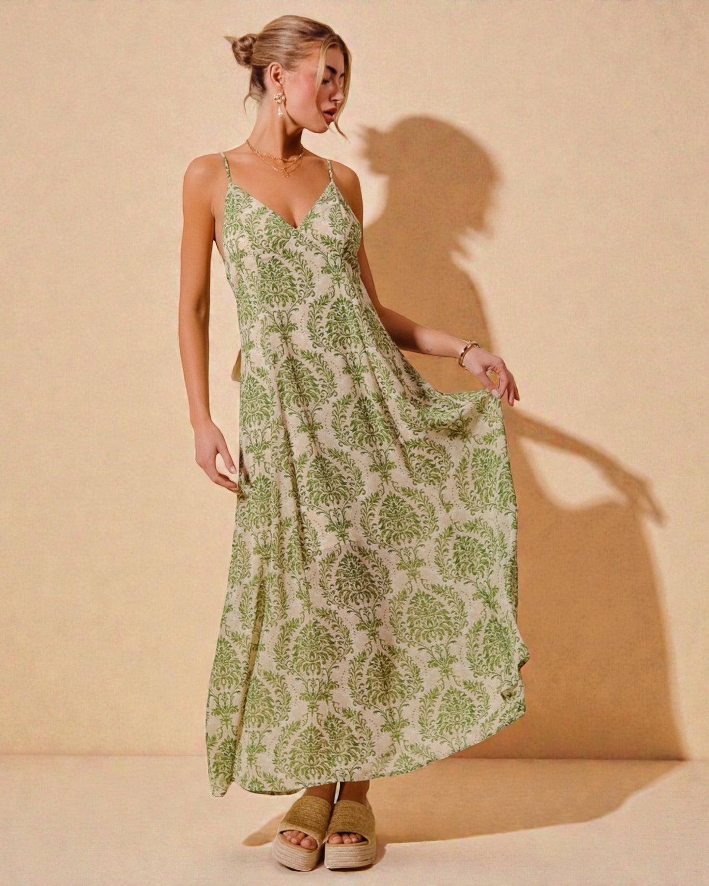 Olive & Ivory Damask Maxi Dress