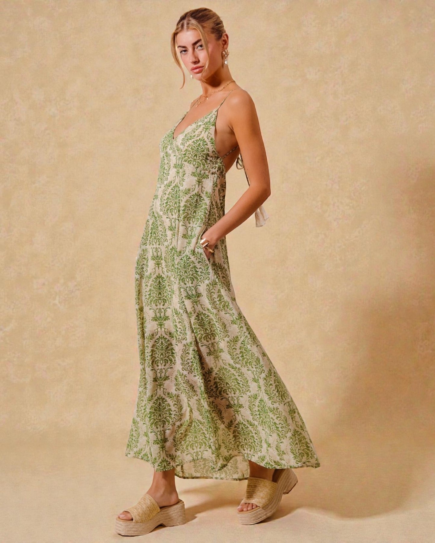 Olive & Ivory Damask Maxi Dress