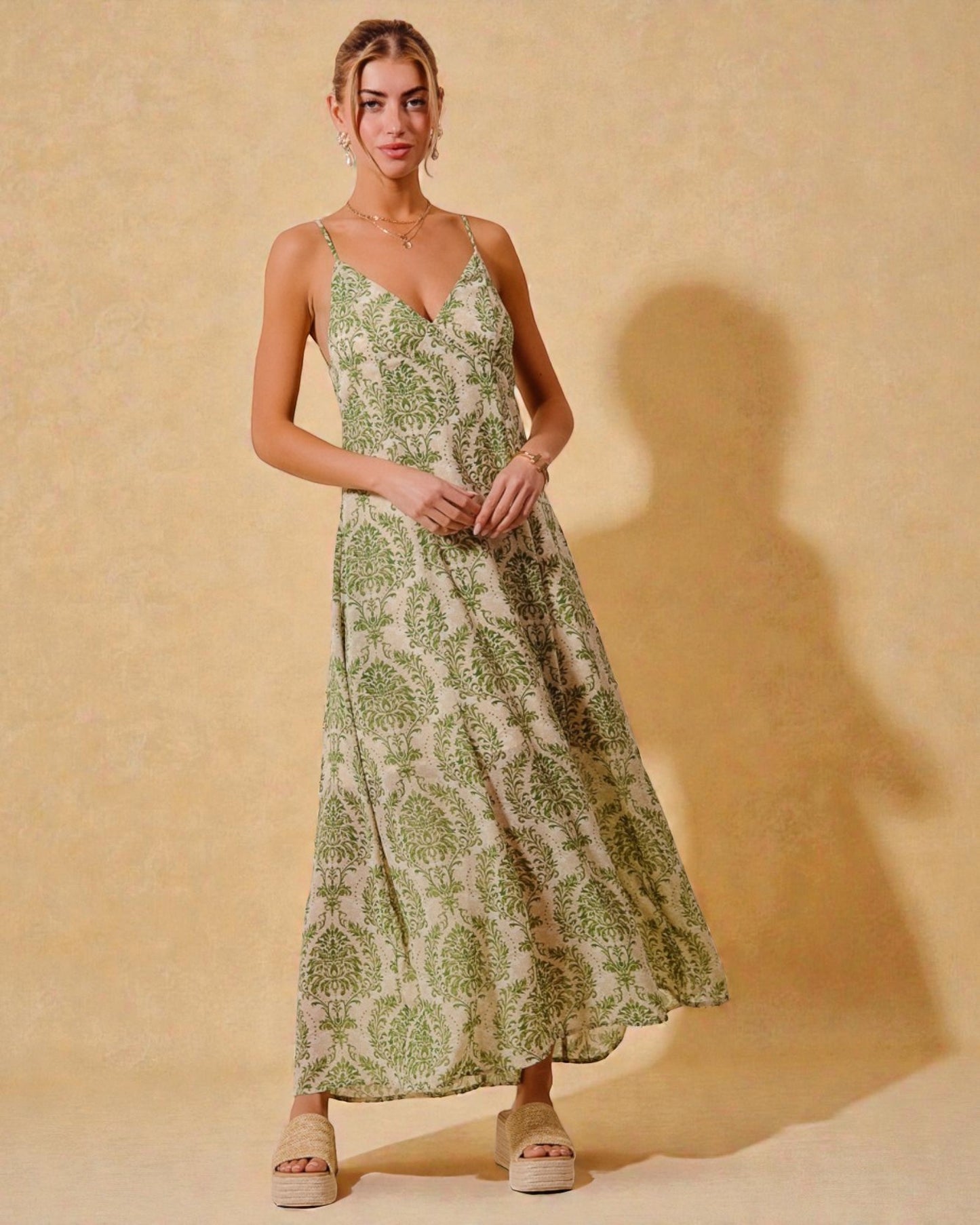 Olive & Ivory Damask Maxi Dress