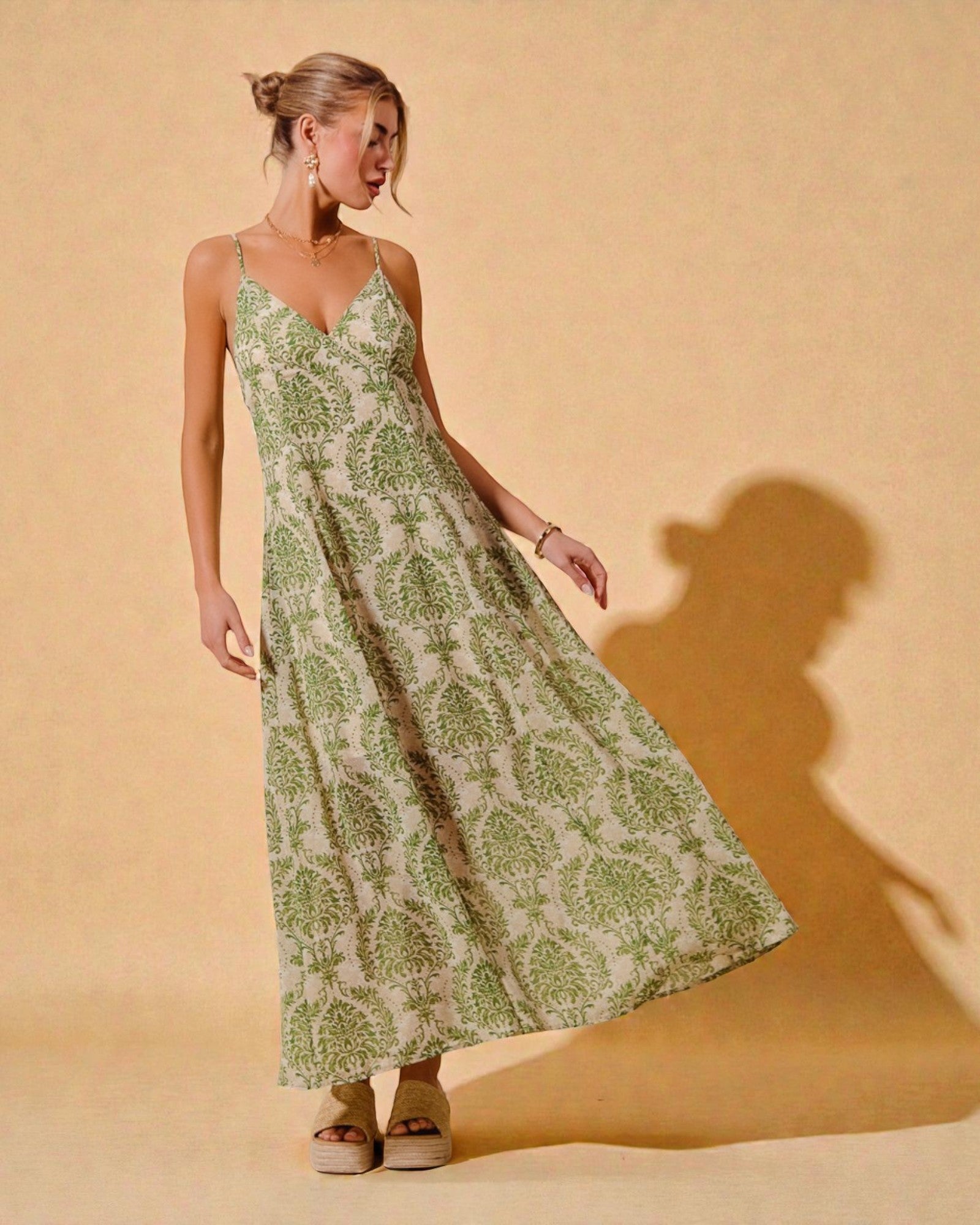 Olive & Ivory Damask Maxi Dress