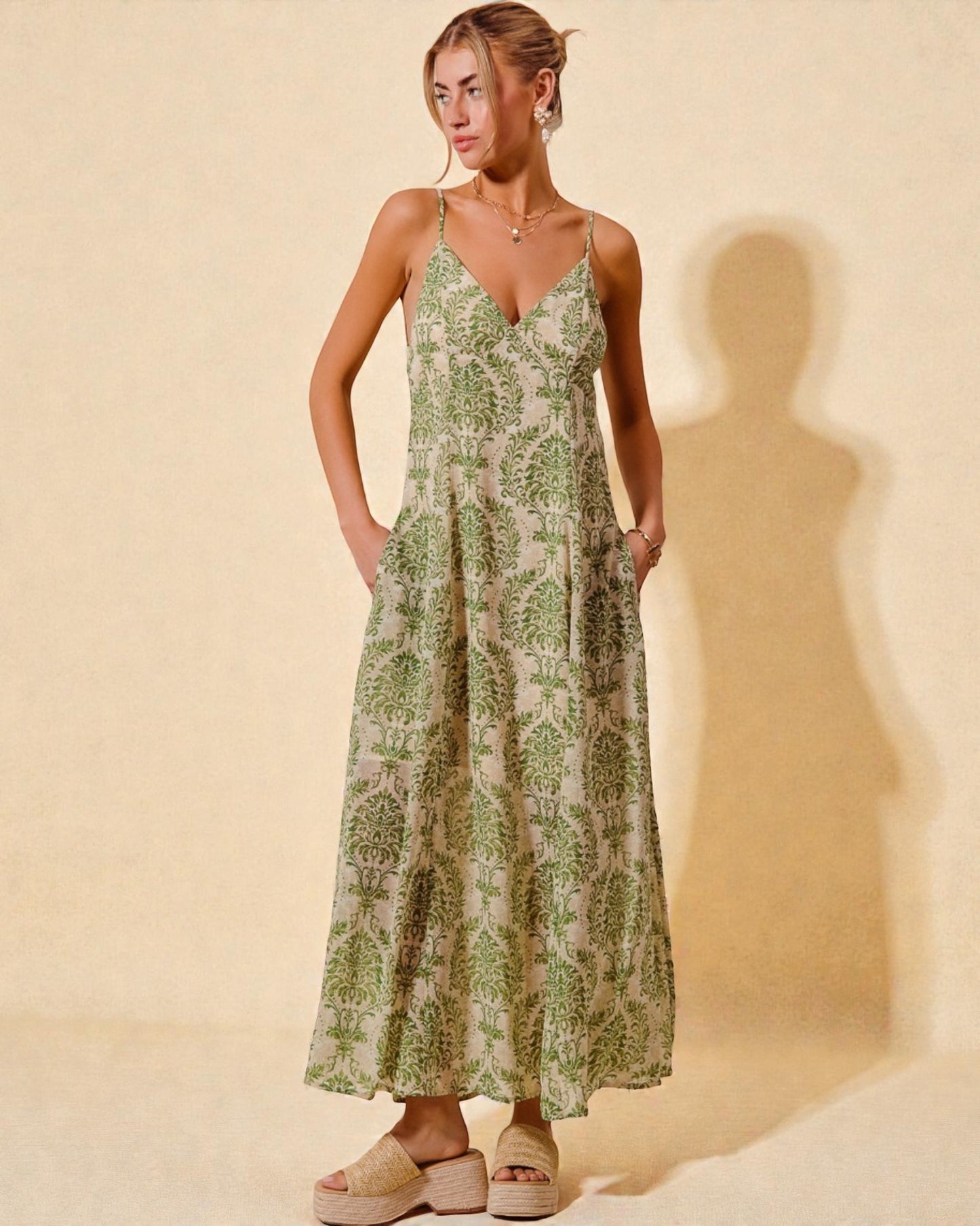 Olive & Ivory Damask Maxi Dress
