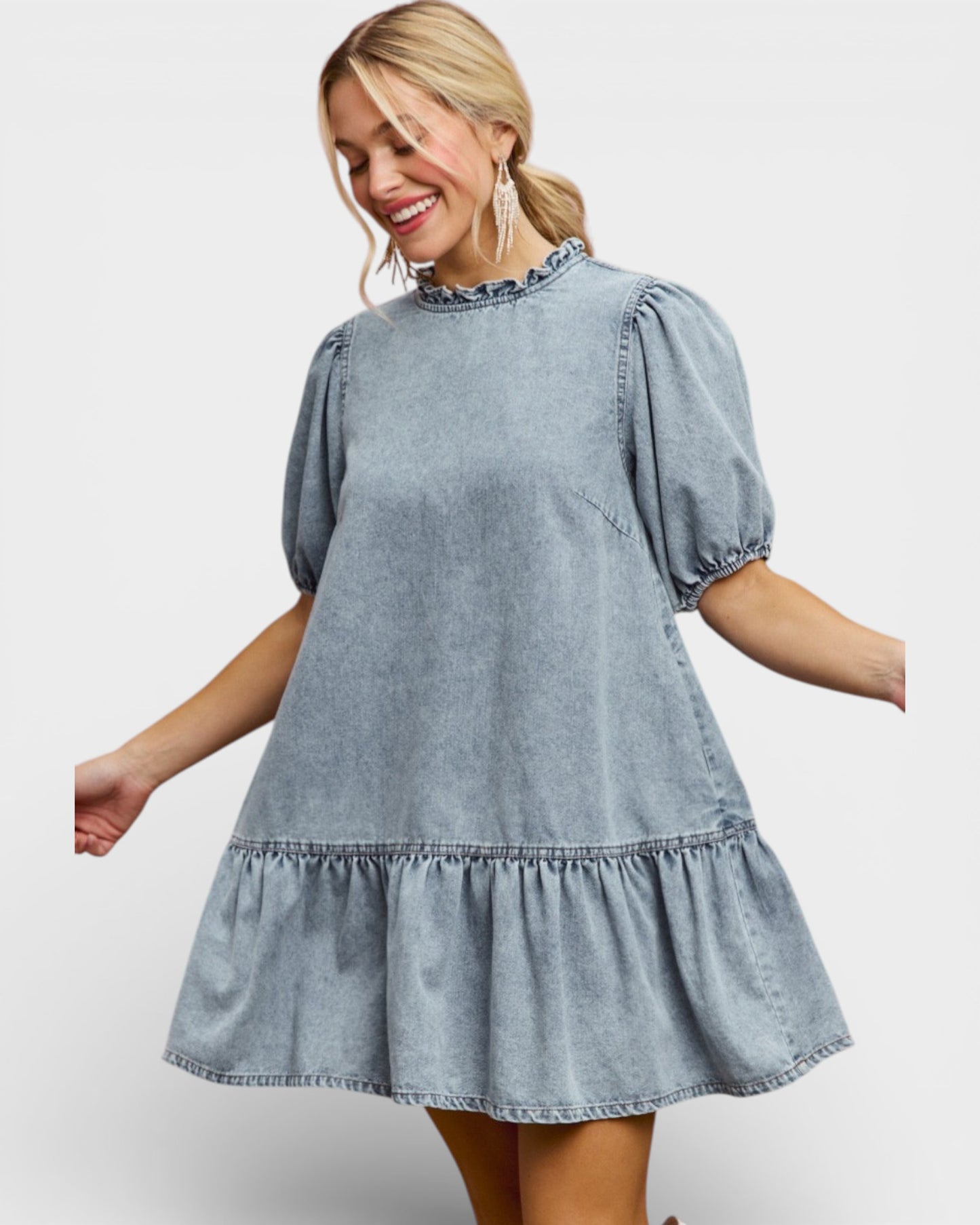 Light Wash Ruffle Neck Puff Sleeve Denim Dress