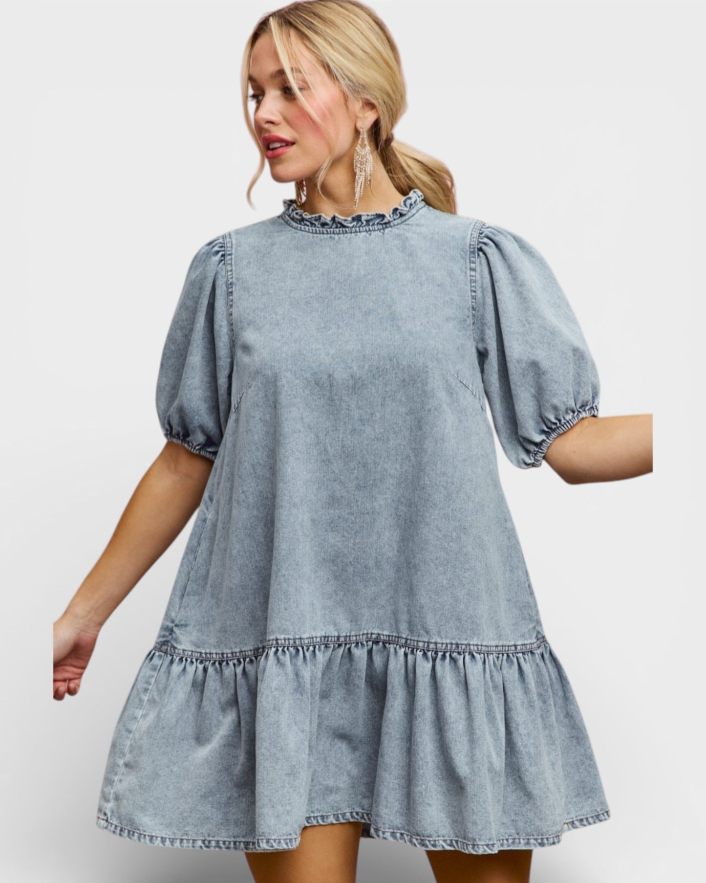 Light Wash Ruffle Neck Puff Sleeve Denim Dress