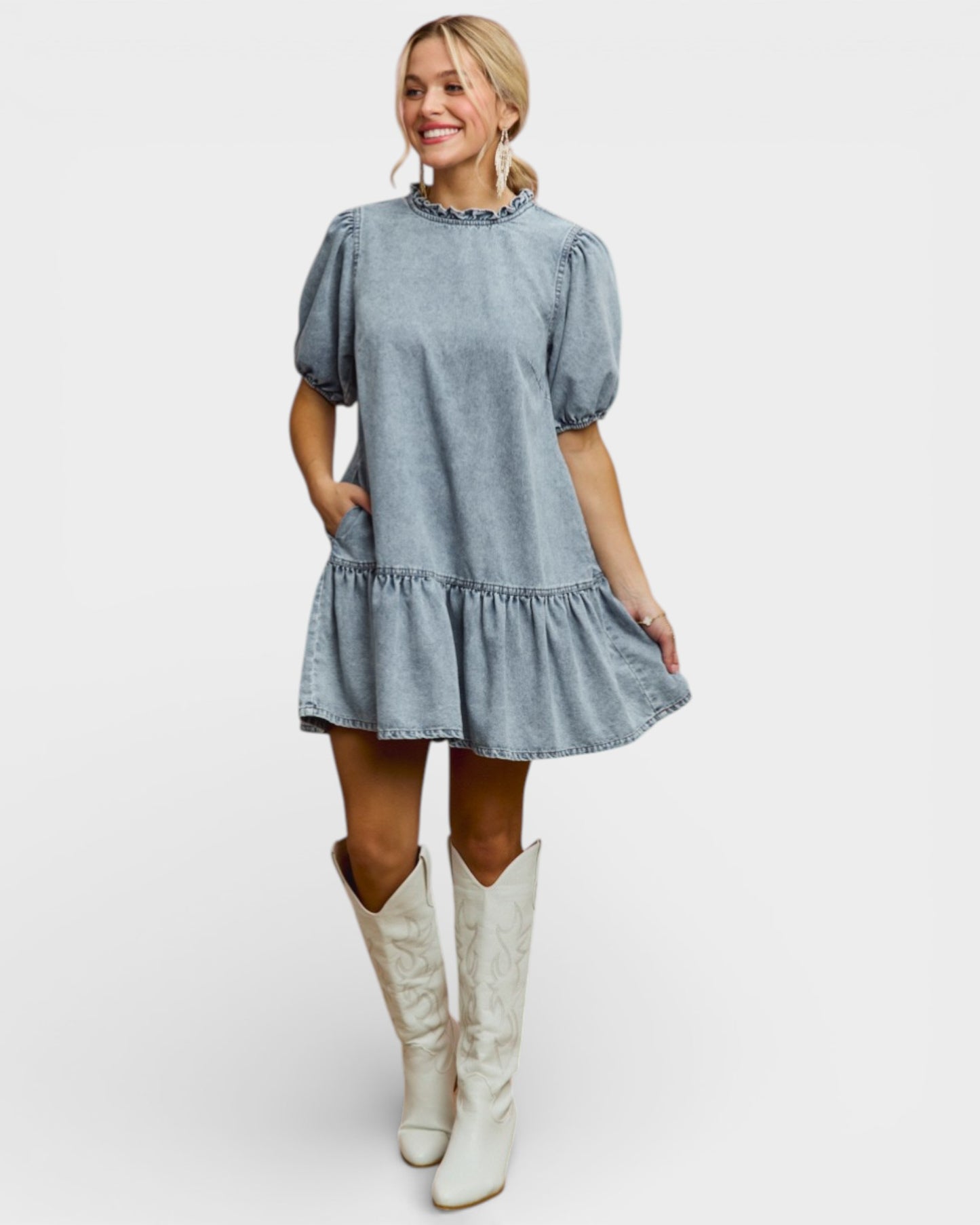 Light Wash Ruffle Neck Puff Sleeve Denim Dress