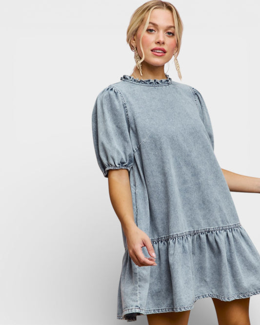 Light Wash Ruffle Neck Puff Sleeve Denim Dress