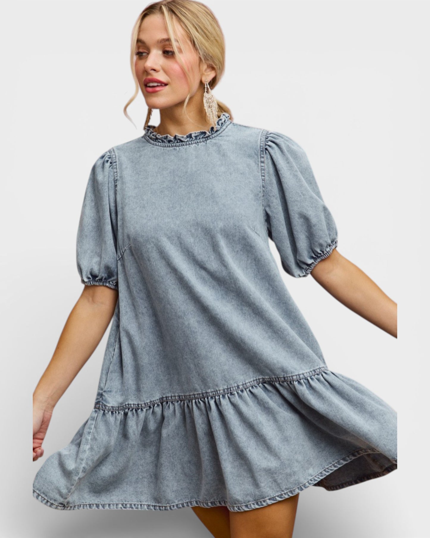 Light Wash Ruffle Neck Puff Sleeve Denim Dress
