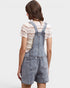 Person wearing denim overalls on a plain background