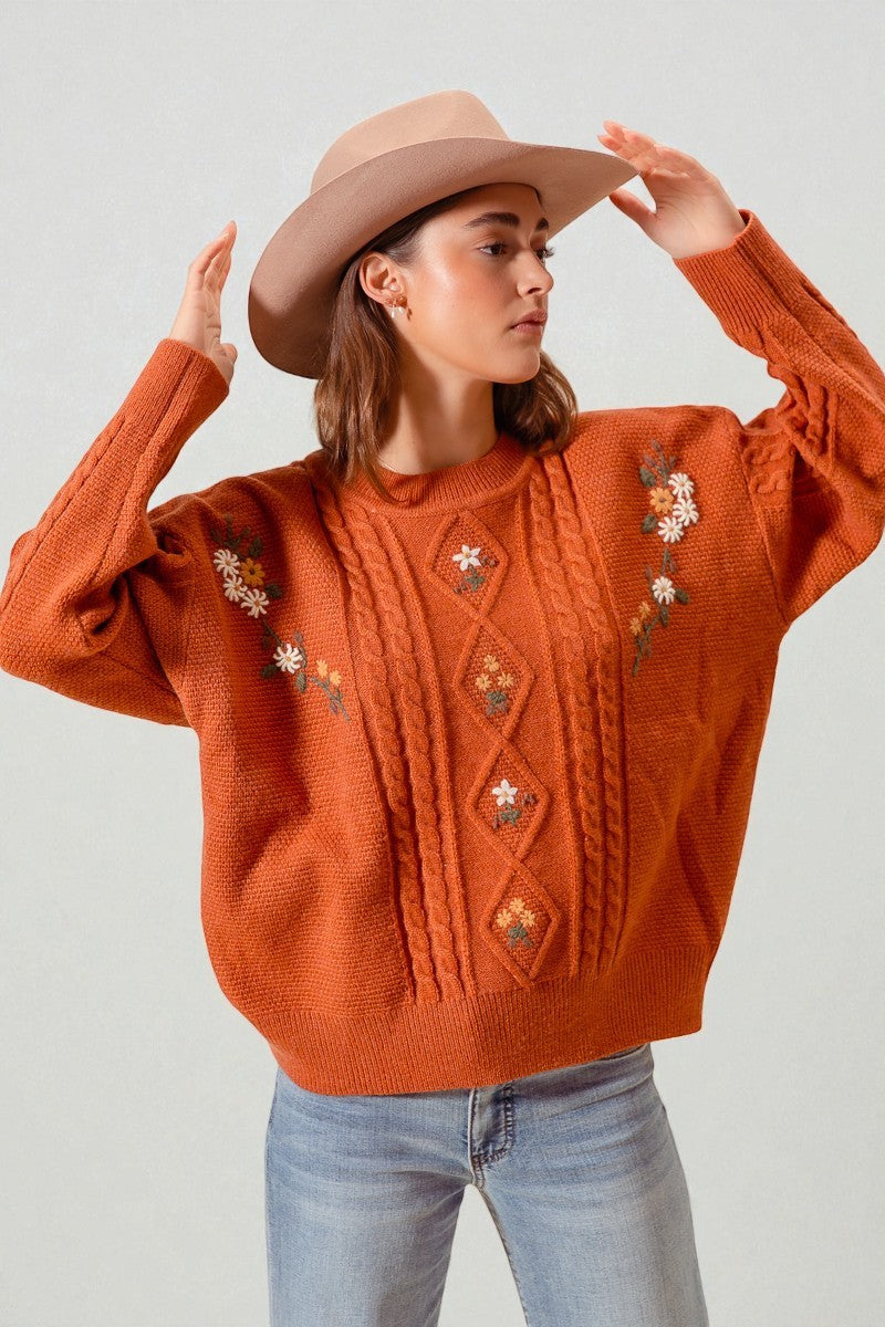 Rust Floral Cable Knit Sweater