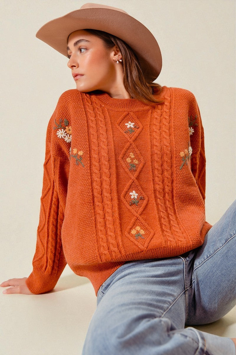 Rust Floral Cable Knit Sweater