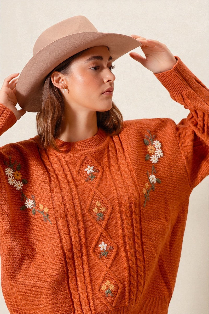 Rust Floral Cable Knit Sweater