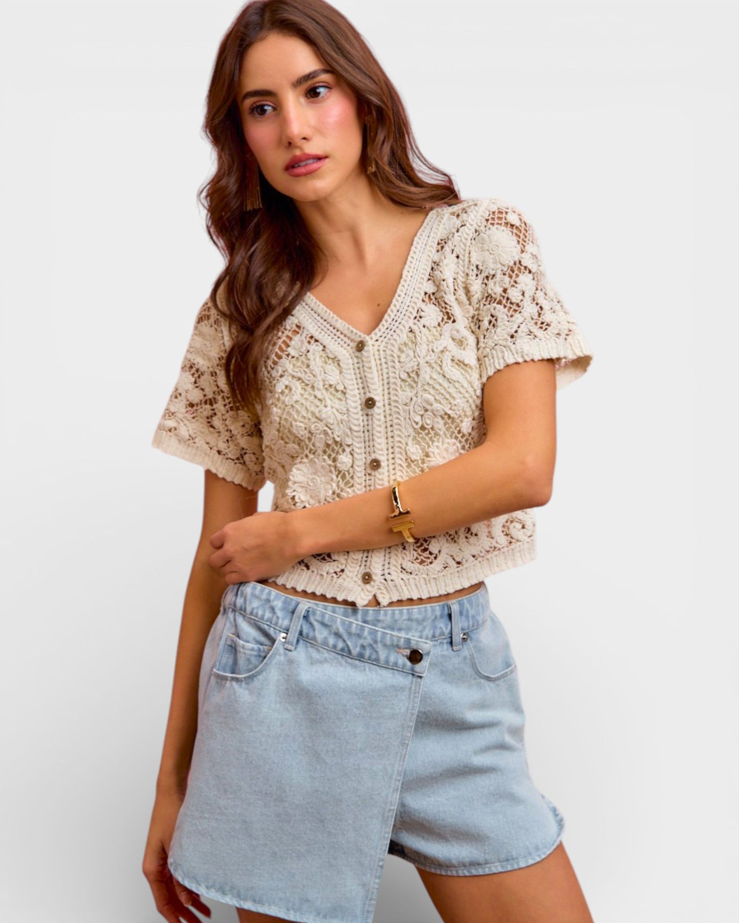Cream Crochet Button-Front Short Sleeve Cardigan