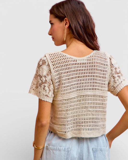 Cream Crochet Button-Front Short Sleeve Cardigan