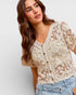 Cream Crochet Button-Front Short Sleeve Cardigan